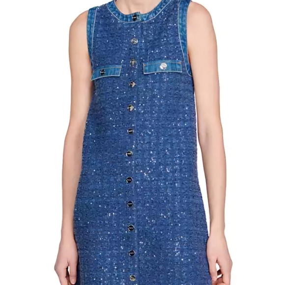 NWT Sandro Denim Glittering Tweed-effect Trapeze Dress Sleeveless Size 36 Small - Picture 2 of 11